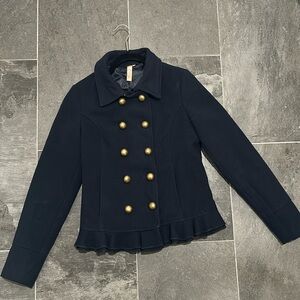 Blue Ruffle Peacoat with Gold Buttons, Size Small